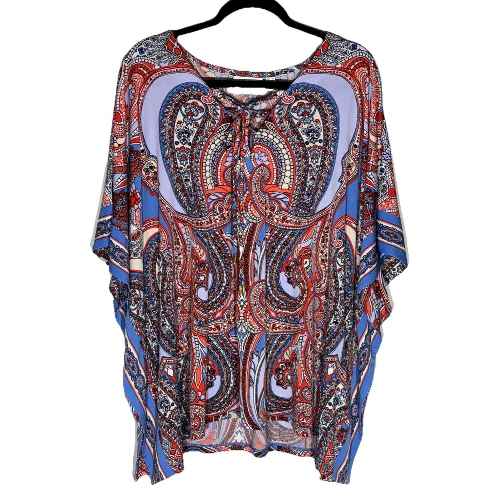 Susan Graver Womens Poncho Top 2X Plus Paisley Liquid Travel Kimono Vacation